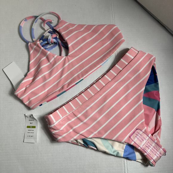 Splendid Girls Reversible Mosaic Palm High Neck High Waist Pant Bikini Set Sz 14 - Picture 5 of 7